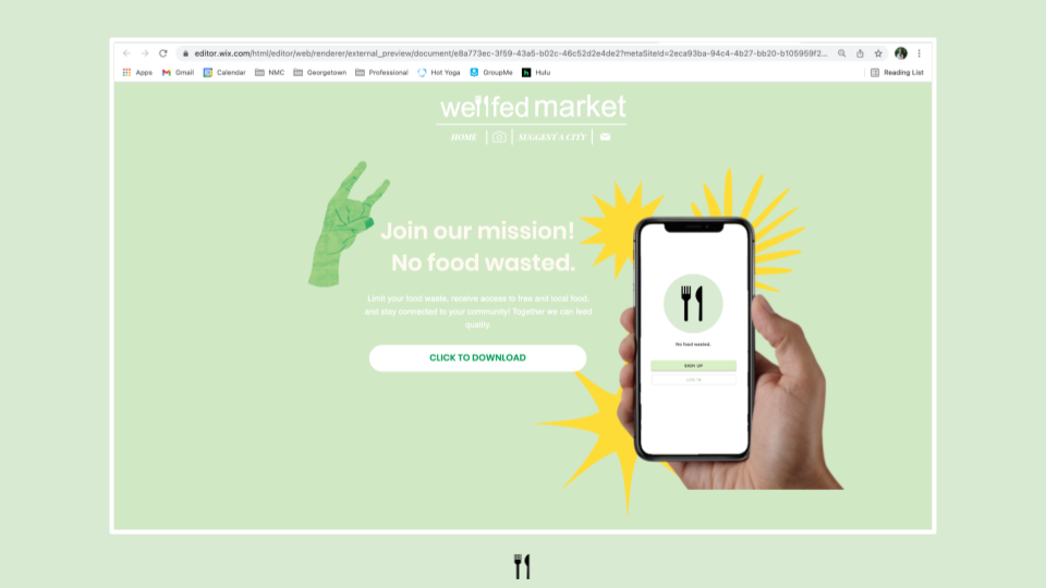 Wellfed Market website landing page built in Wix, with a phone mockup of the app's sign-up screen